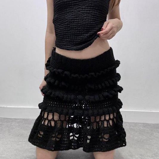 Black crochet sheer knitted midi skirt