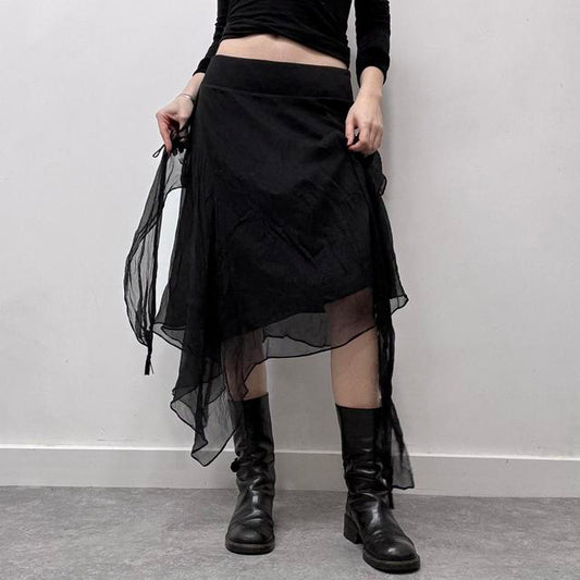 Sheer black asymmetric flutter skirt