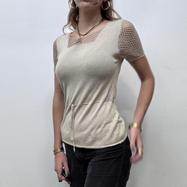 Brown sheer lace crochet bow knit top