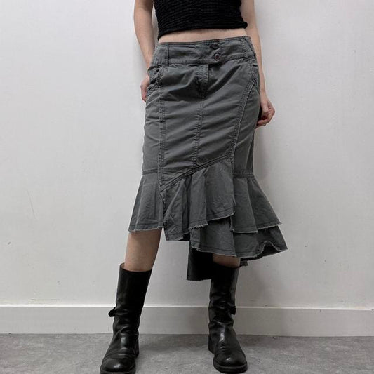 Khaki denim asymmetric ruffle skirt