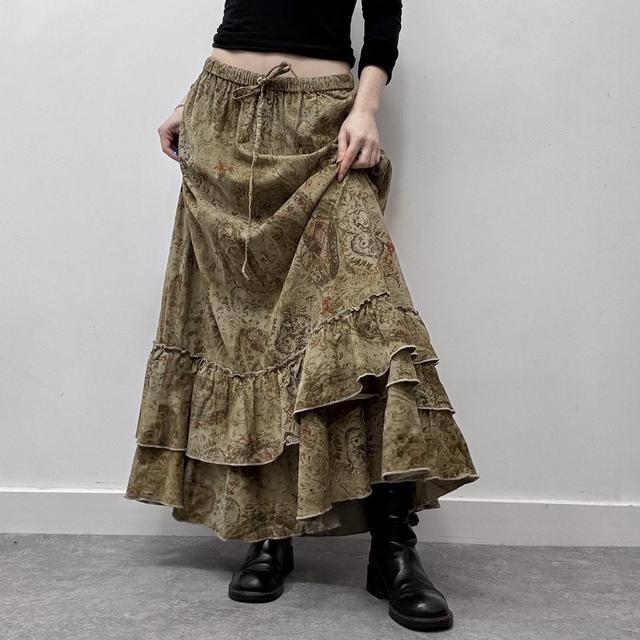 Corduroy flared ruffle paisley maxi skirt