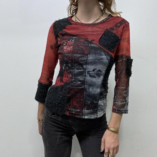 Black mesh red floral top