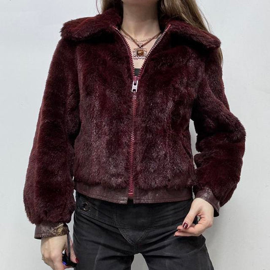 Red burgandy cropped fur jacket