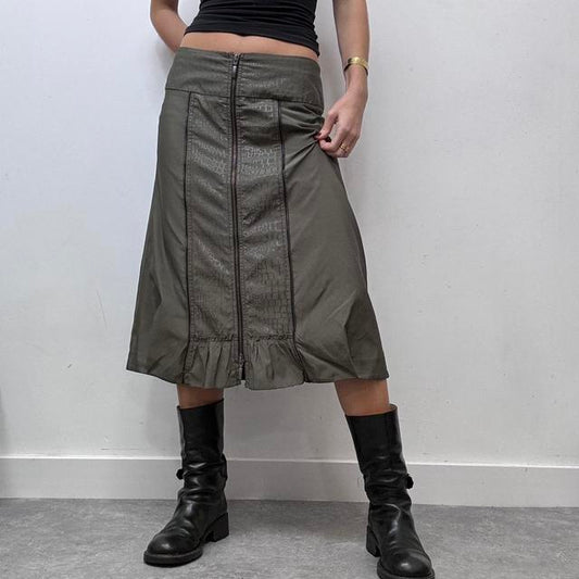 Khaki zip-up grunge puff skirt