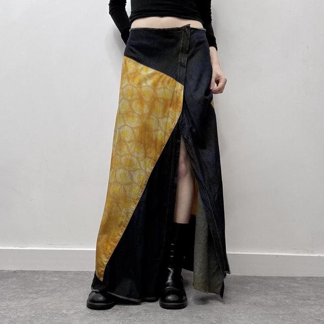 Asymmetric denim slit maxi skirt