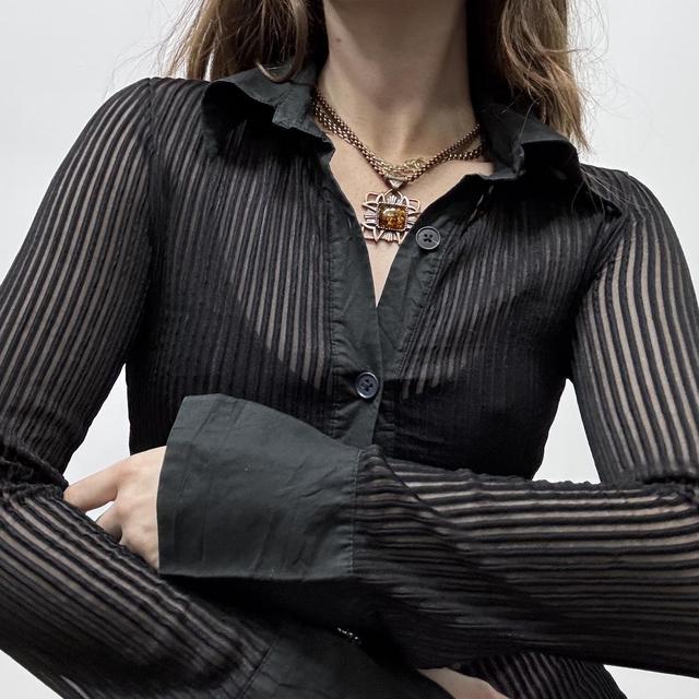 Black textured pinstripe sheer flared shirt