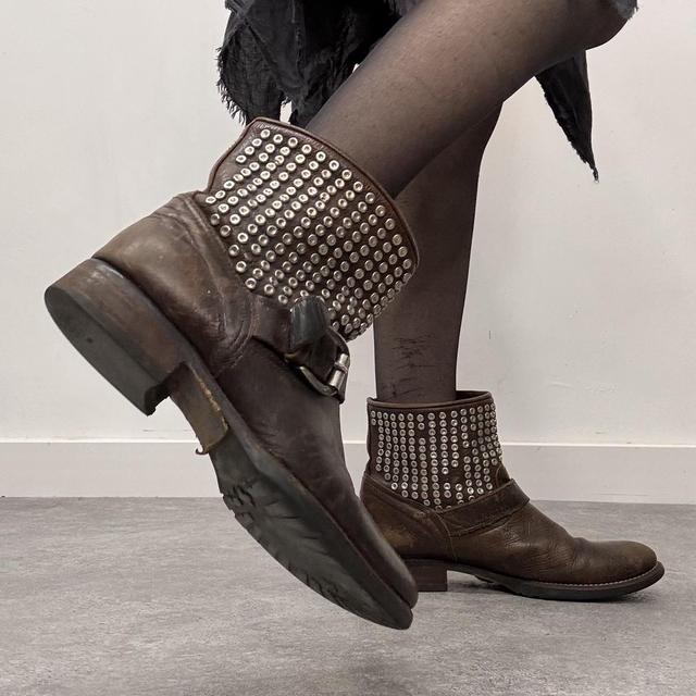 Brown leather studded eyelet boots