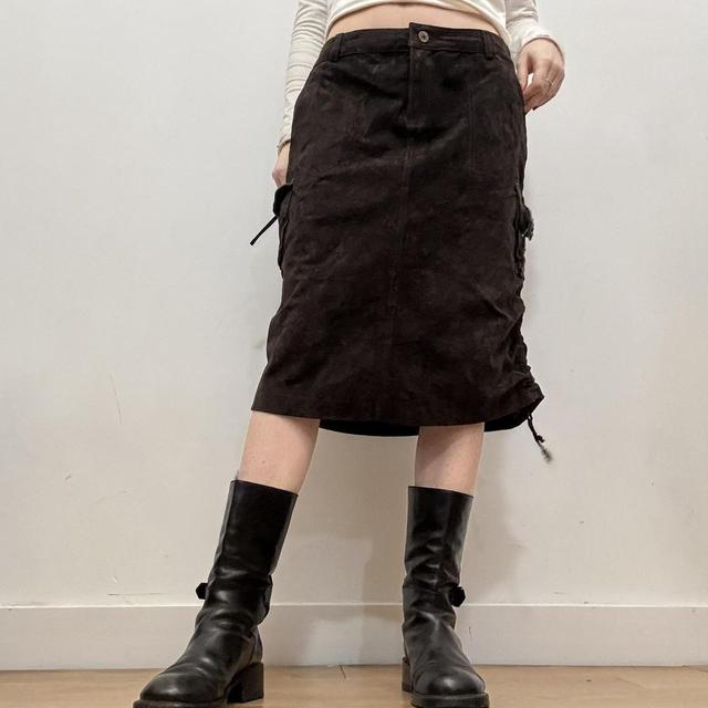 Brown suede cargo midi skirt