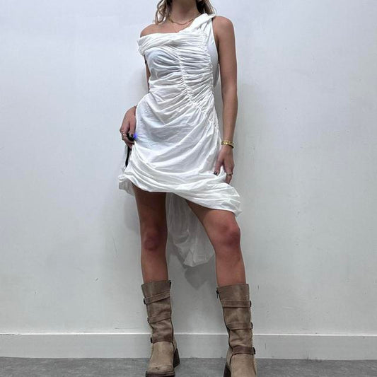 Puff balloon gathered asymmetrical dress