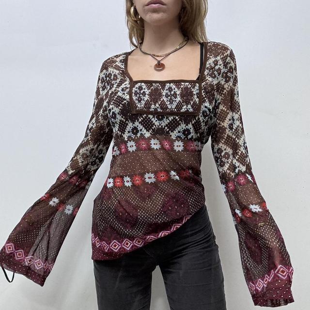 Boho flared brown micro mesh top