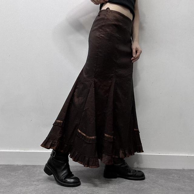 Brown satin flared maxi skirt