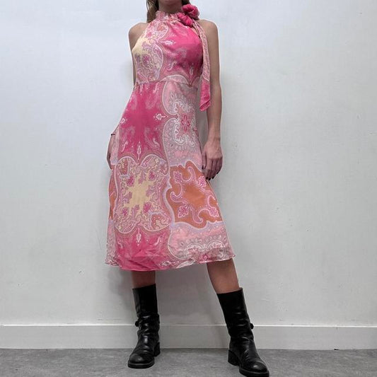 Pink sheer floral paisley bow neck dress