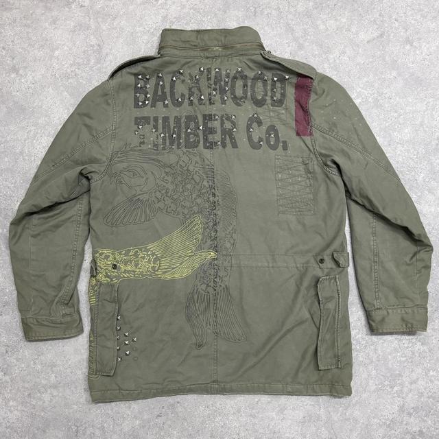 Khaki cargo distressed graphic jacket