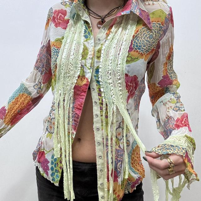 Sheer crinkle floral lace shirt