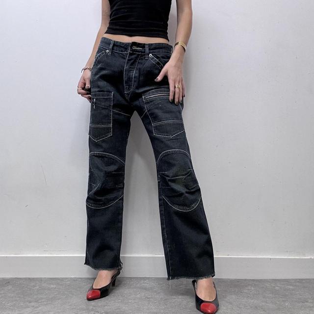Dark wash distressed baggy cargo jeans