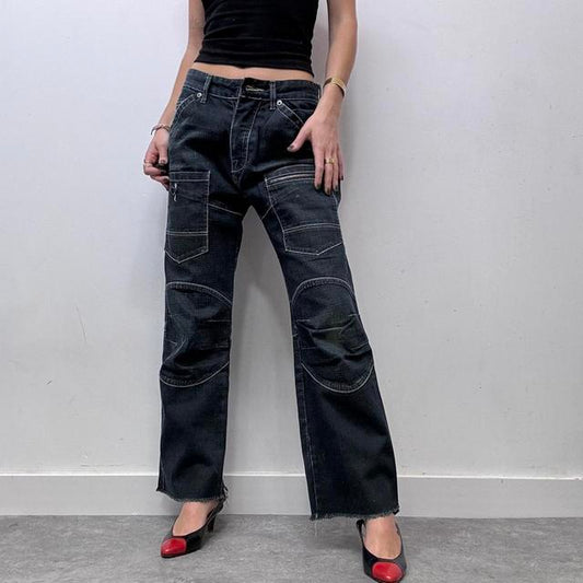 Dark wash distressed baggy cargo jeans