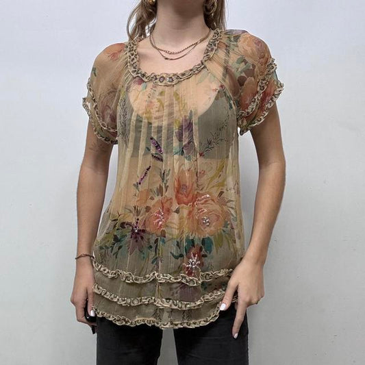 Sheer crinkle silk floaty ruffle top