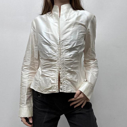 Cream gathered silk flared shirt