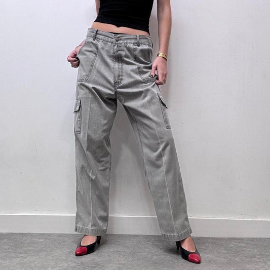 Wide leg flared khaki distressed utility trousers