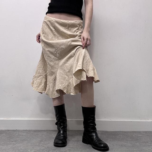 Tan flared embroidered midi skirt