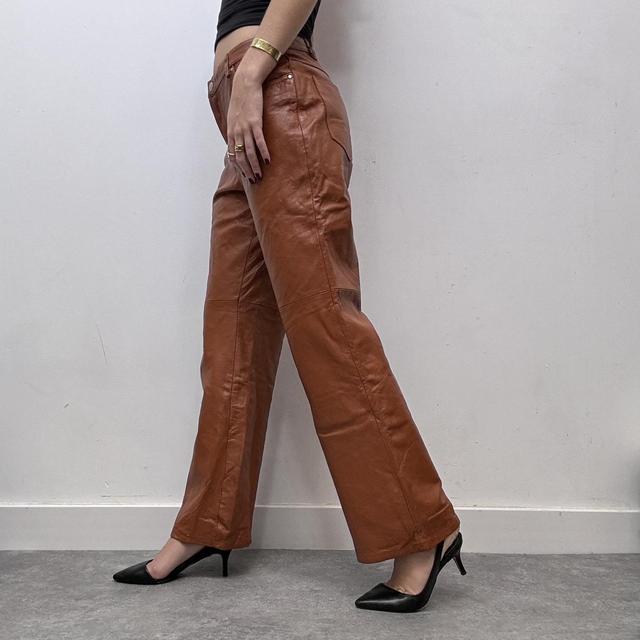 Tan orange leather flared straight leg trousers