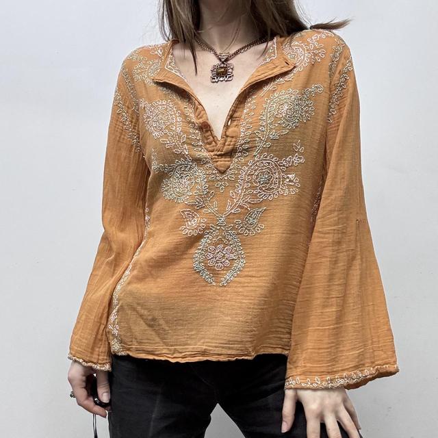 Orange cotton embroidered flared shirt
