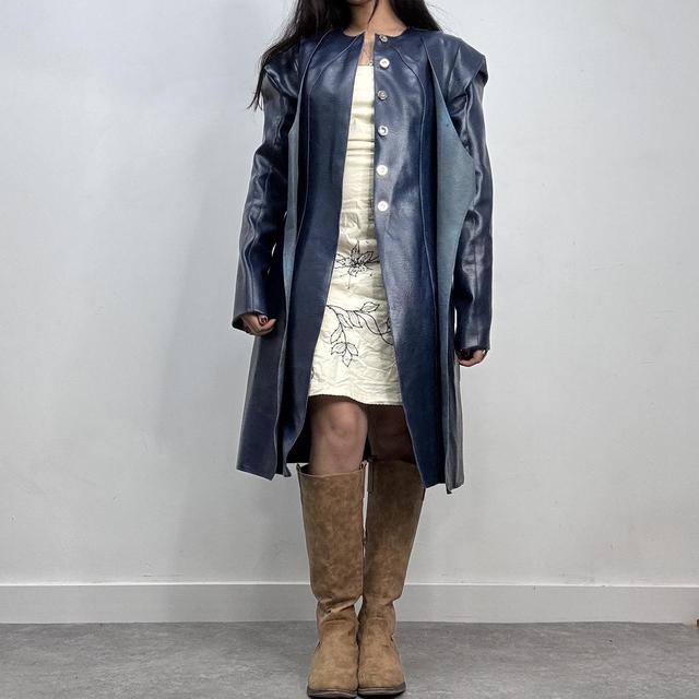 Blue leather archival trench jacket