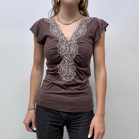 Cinched brown lace ruffle top