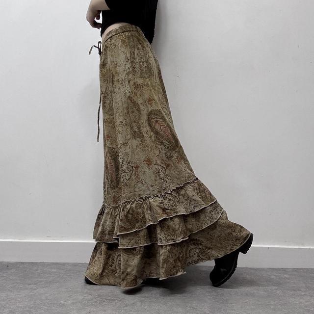 Corduroy flared ruffle paisley maxi skirt