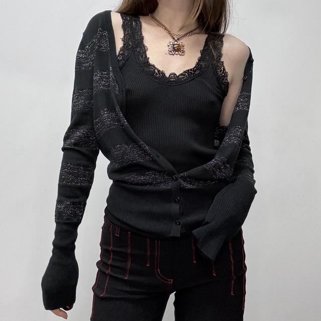 Black striped slouchy wide neck cardigan