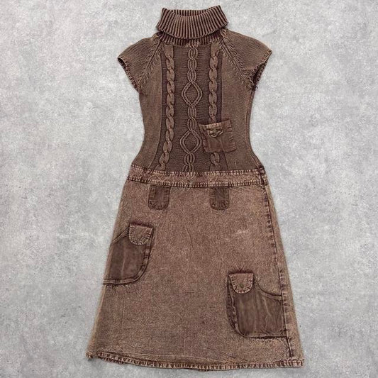 Brown distressed cable knit cargo denim dress