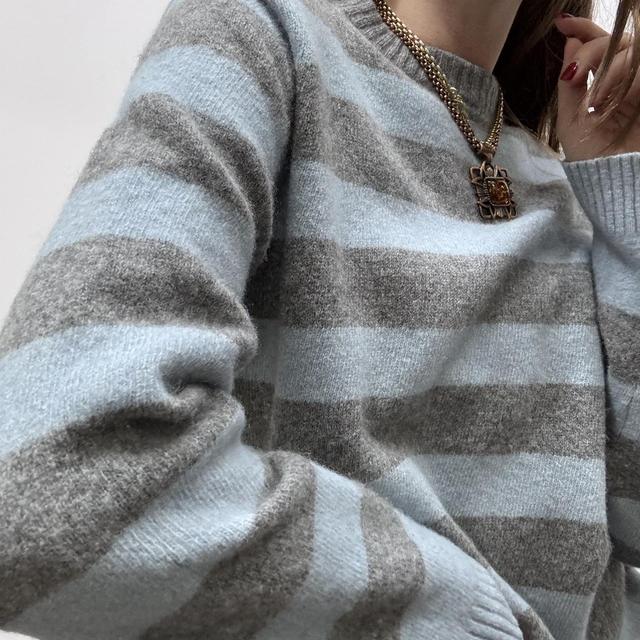 Chunky wool knitted blue and grey jumper
