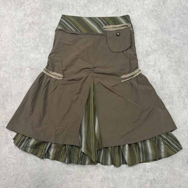 Khaki pinstripe asymmetric layered maxi skirt