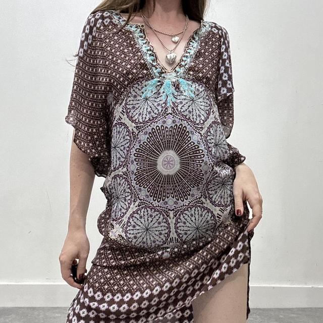 Brown silk patterned beach dress