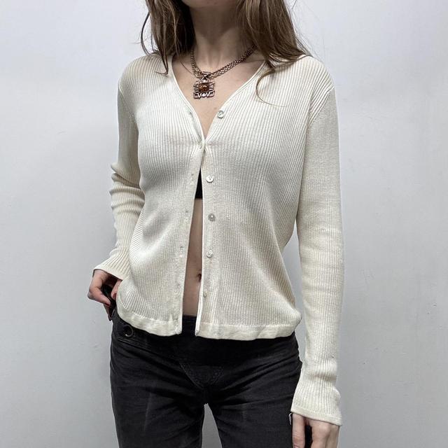 Cream ribbed shouchy silk knit cardigan