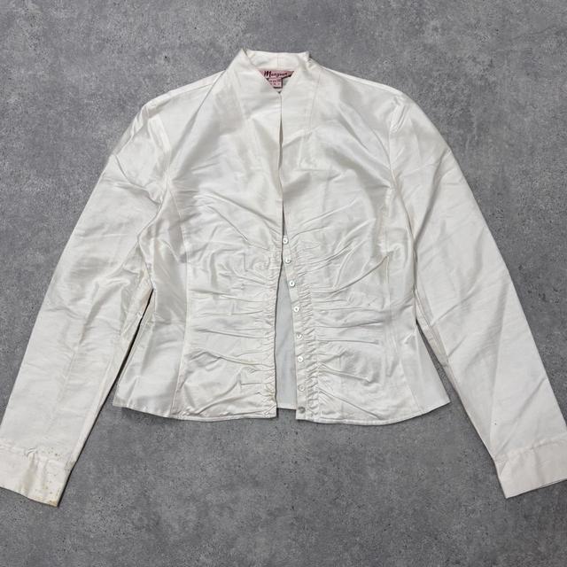 Cream gathered silk flared shirt