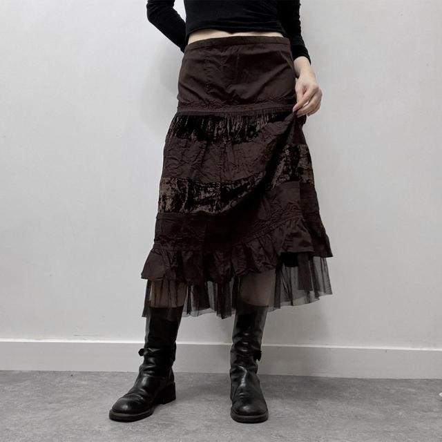 Brown velvet lace midi skirt
