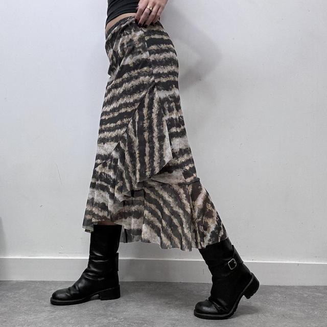 Sheer mesh distressed print ruffle midi skirt