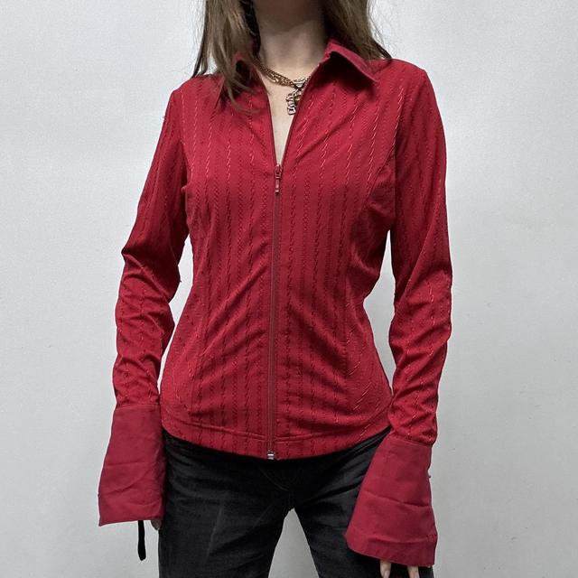 Red zip up pinstripe flared shirt