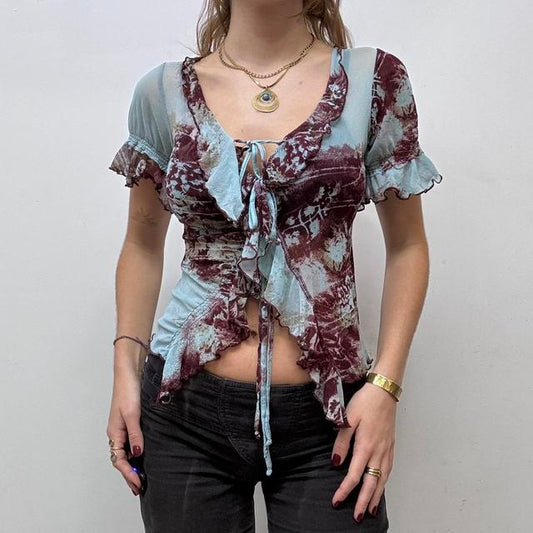 Abstract distrssed print ruffle mesh shirt