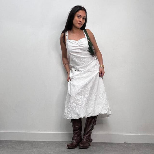 White studded puff crinkle dress