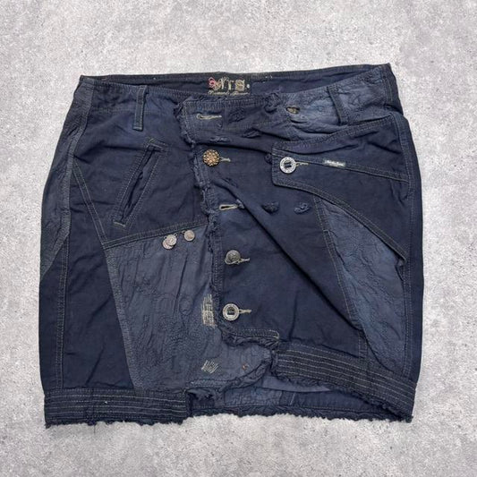 Distressed patchwork asymmetric skirt