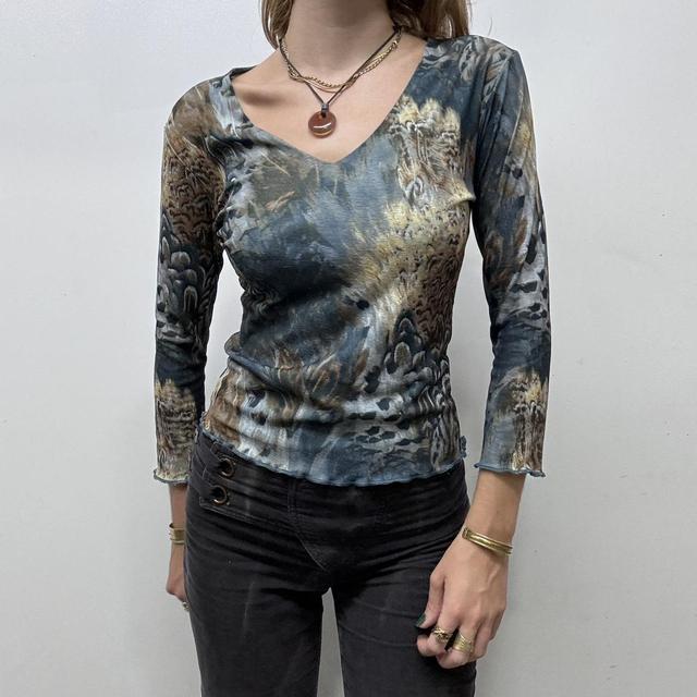 Sheer blue micro mesh paisley top
