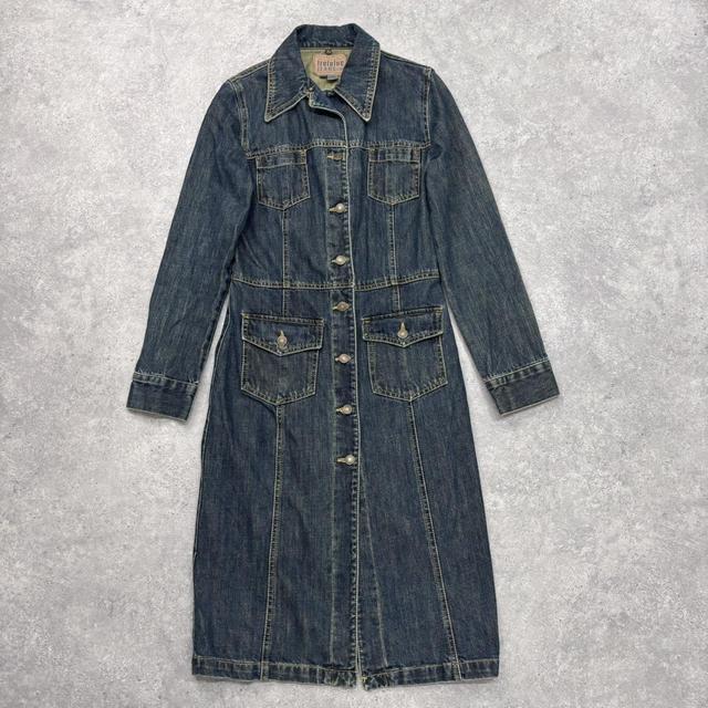 Long mid-wash denim trench coat mac