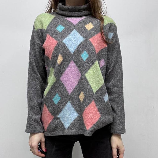 Grey wool slouchy oversized argyle jumper