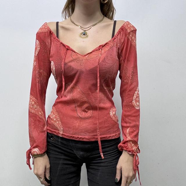 Sheer paisley mesh puff top