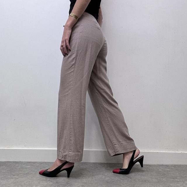 Beige flared wide leg linen trousers