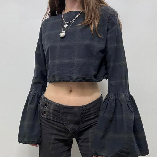 Cropped reworked tartan bell flared crop top