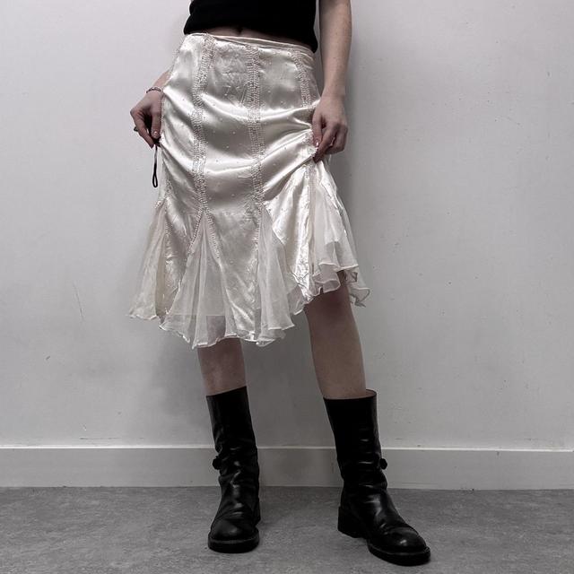 White flared flutter beaded midi skirt