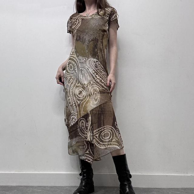 Distressed brown patterned bias cut 90s dress